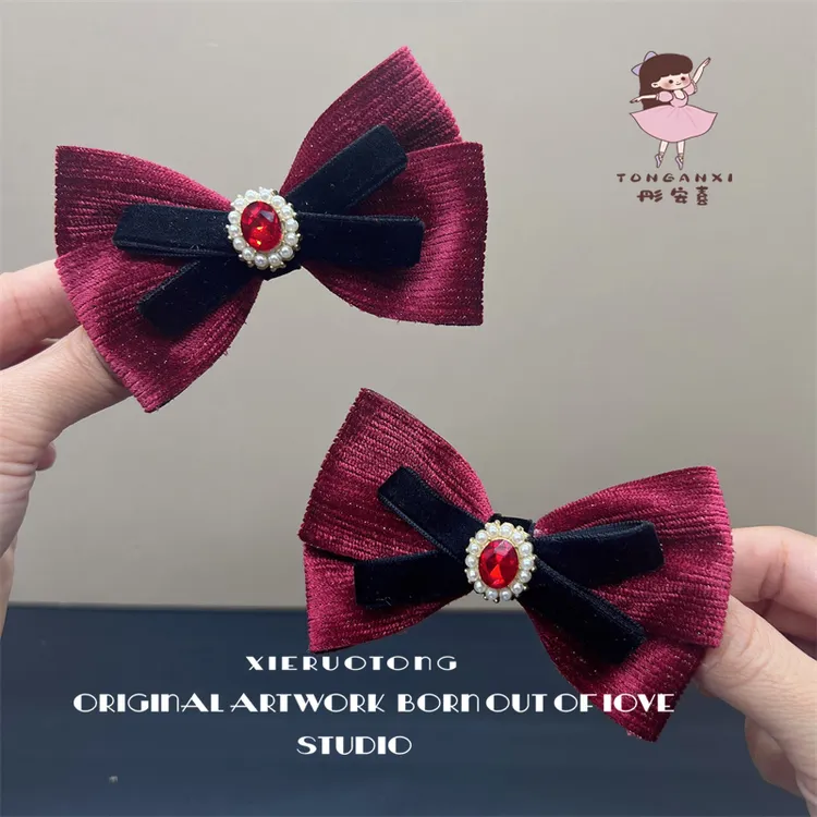 复古红气质小发夹儿童发饰酒红色女孩丝绒宝石蝴蝶结高级公主对夹