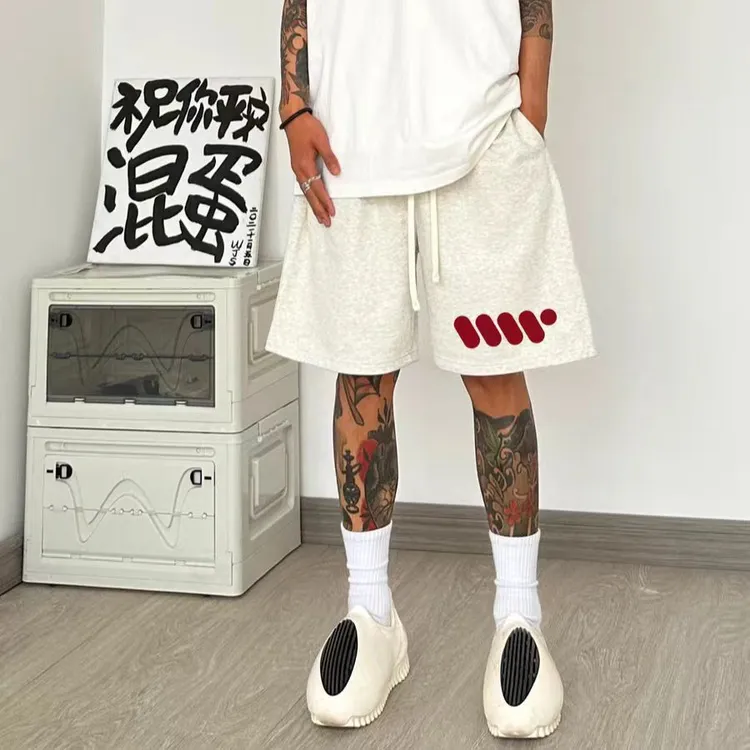 夏季新款白灰色立体图标短裤男美式高街休闲潮牌宽松五分裤