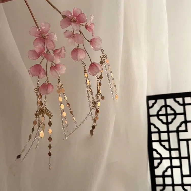 原创（嫣然）仙气桃花流苏发夹琉璃簪花汉服配饰古风配饰礼盒发簪