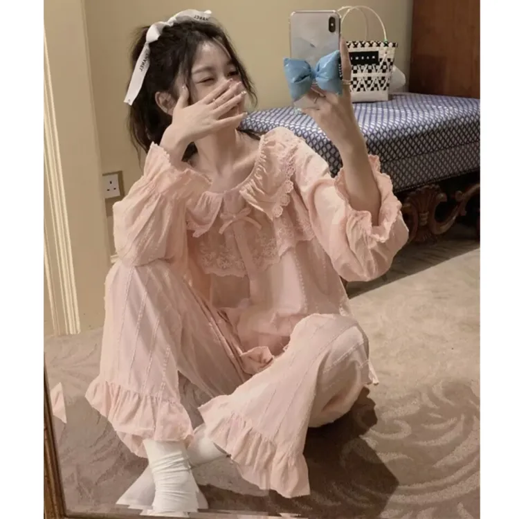 粉色纯棉睡衣女士春秋季宽松可爱甜美蝴蝶结蕾丝家居服韩版可外穿