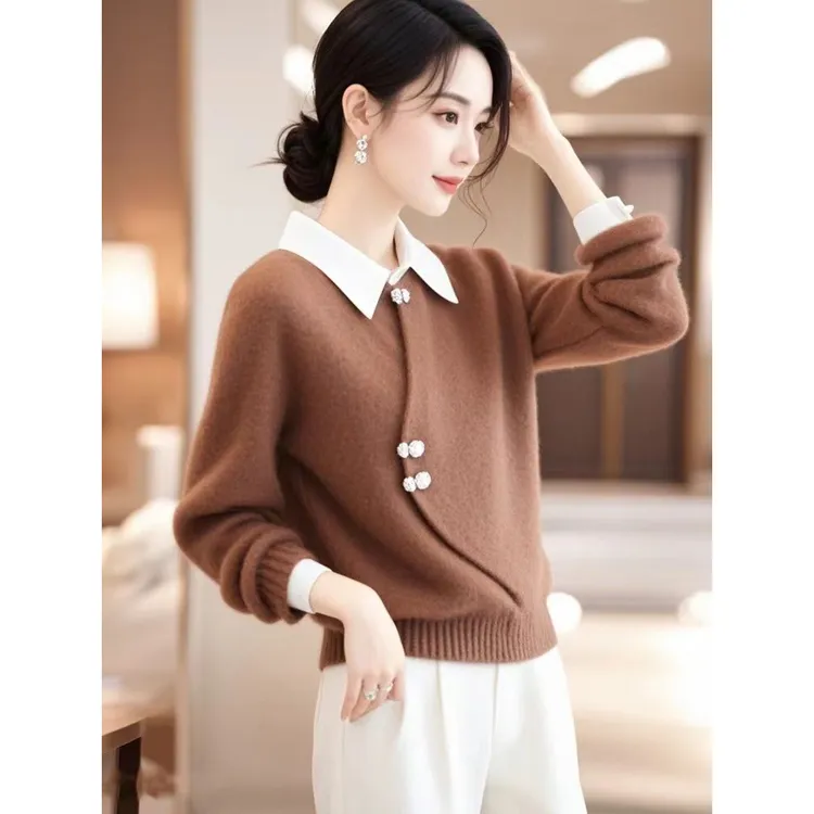 设计感外穿复古新中式国风毛衣慵懒高级感冬季羊绒衫假两件上衣女
