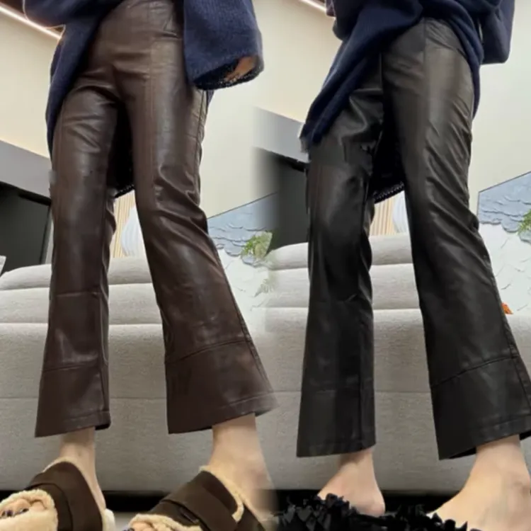 皮U皮裤女2025秋冬新款显瘦百搭高腰微喇直筒裤九分裤仿皮裤潮裤
