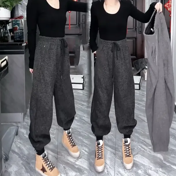 加绒加厚萝卜裤女冬季新款显瘦百搭宽松哈伦裤束脚休闲裤九分裤潮