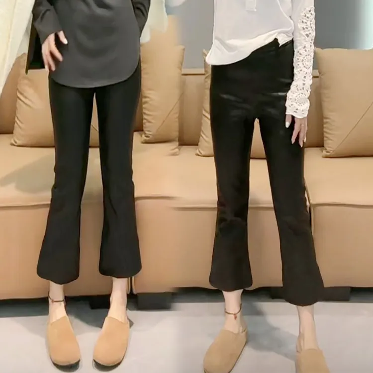 微喇叭裤子女秋冬新款韩版显瘦百搭皮U皮裤九分裤蛋白皮喇叭裤潮