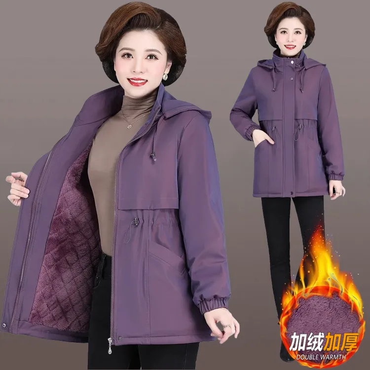 妈妈装秋冬加绒加厚风衣外套派克服中老年女冬季时尚中长棉衣棉服