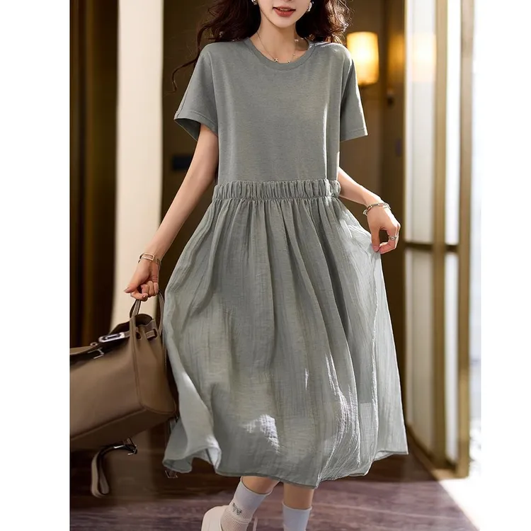 休闲褶皱拼接连衣裙女夏季2025年新款a字裙欧货时尚百搭大码女装