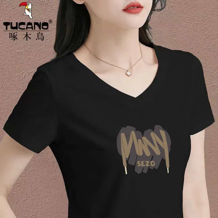 啄木鸟官方正品洋气短袖t恤女装夏季2024新款显瘦打底体恤v领上衣