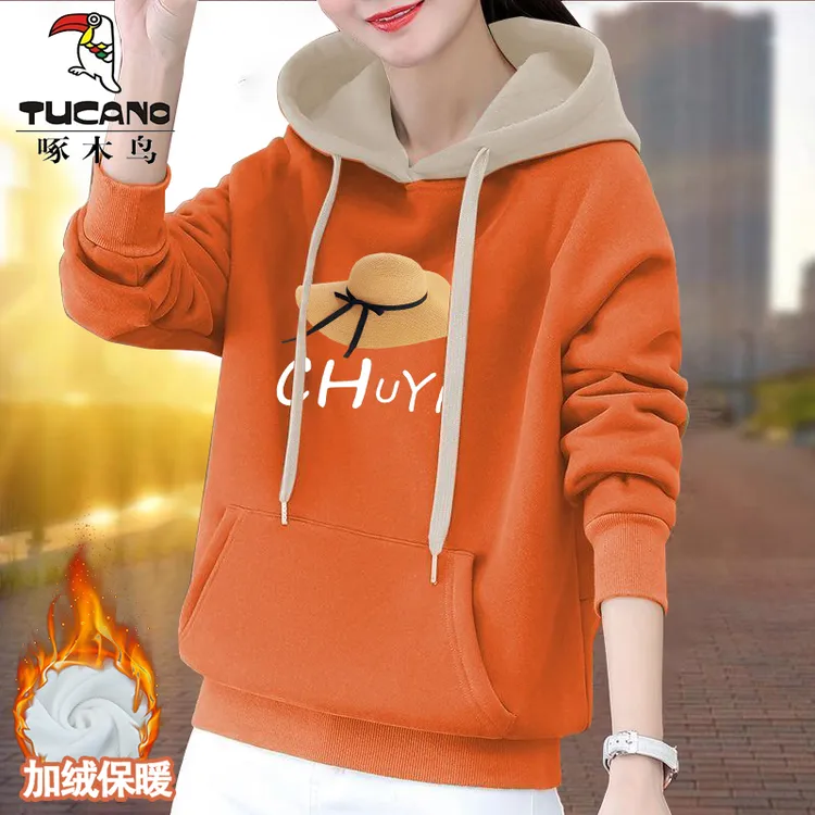 啄木鸟正品2024年简约设计高级感连帽卫衣女加绒秋冬简约拼色上衣