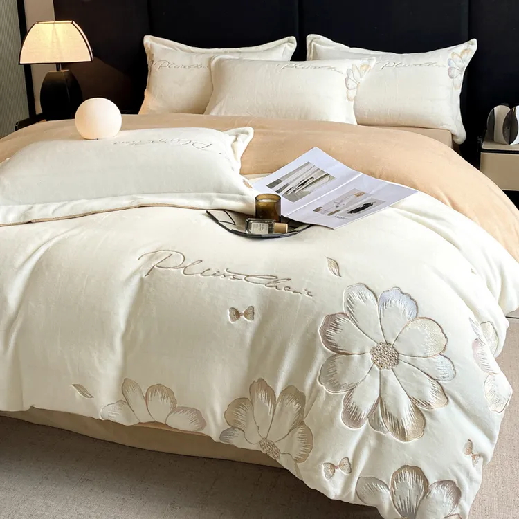 高档秋冬刺绣牛奶绒双面绒床上四件套加厚保暖秋冬款家用床品套件