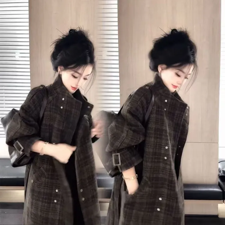 系带复古高级感重工减龄女双排扣格纹格子大衣外套立领中长外套潮