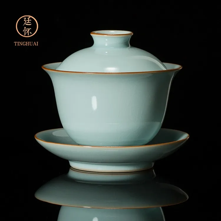 汝窑三才高档盖碗三件套茶杯中式家用茶壶陶瓷月白汝窑茶具冰裂纹
