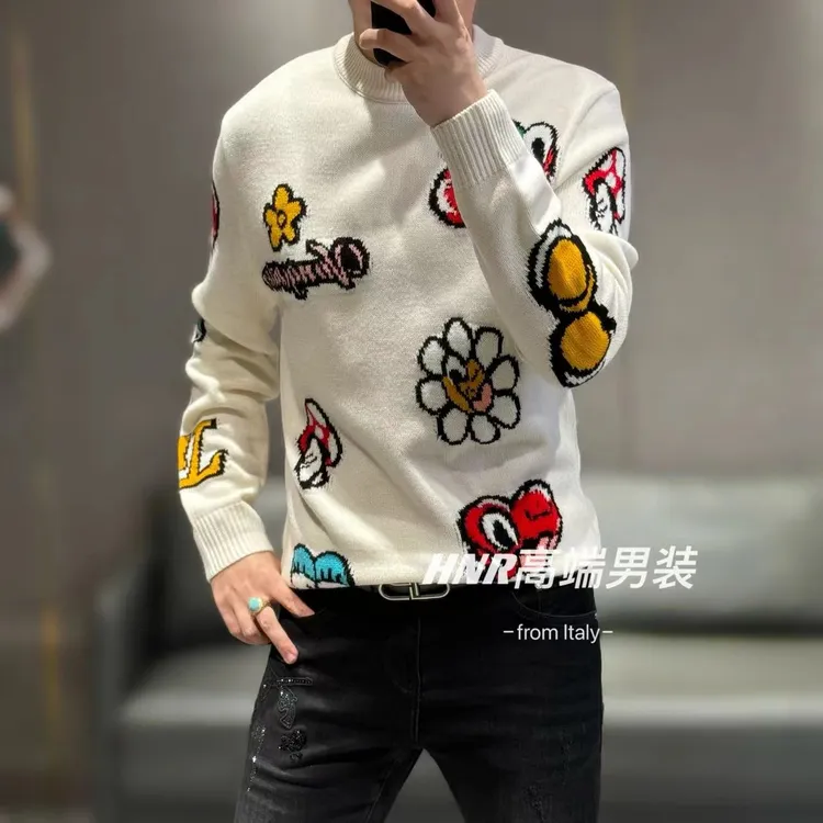 卡通图案提花新款高端男士时尚休闲百搭潮流长袖针织衫2455