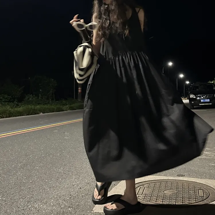 Ins风纯棉U领宽松连衣裙慵懒风长裙韩系时尚简约遛弯度假背心裙