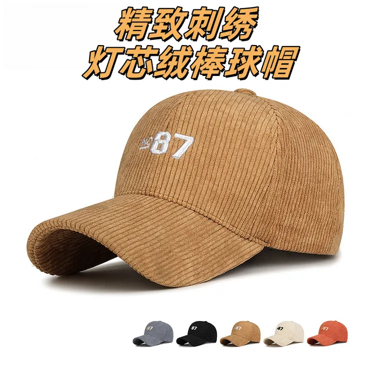 时髦百搭数字刺绣复古灯芯绒棒球帽春秋男女硬顶弯檐防晒鸭舌帽子