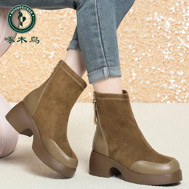 啄木鸟厚底瘦瘦靴短靴2025秋冬新款加绒女靴子中跟粗跟棕色弹力靴