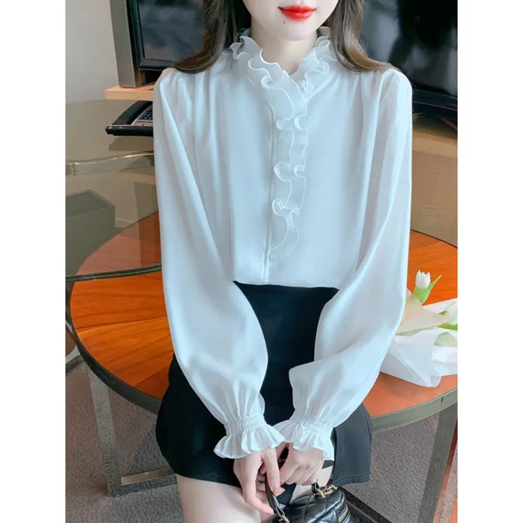 时尚木耳边长袖雪纺衬衫女春秋2025年装新款高端小众别致洋气上衣
