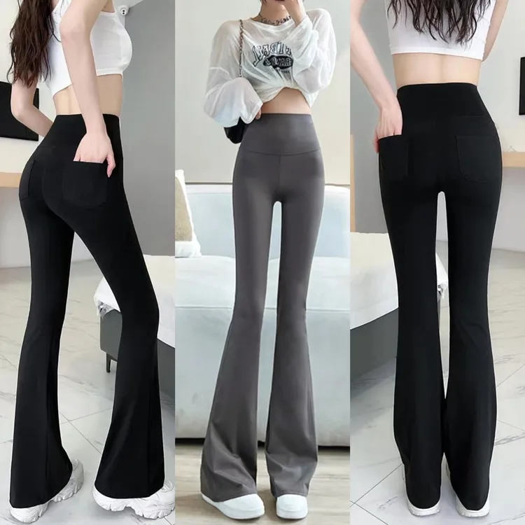 时尚高腰外穿弹力微喇叭收腹显瘦九分裤加长口袋款鲨鱼裤喇叭裤女