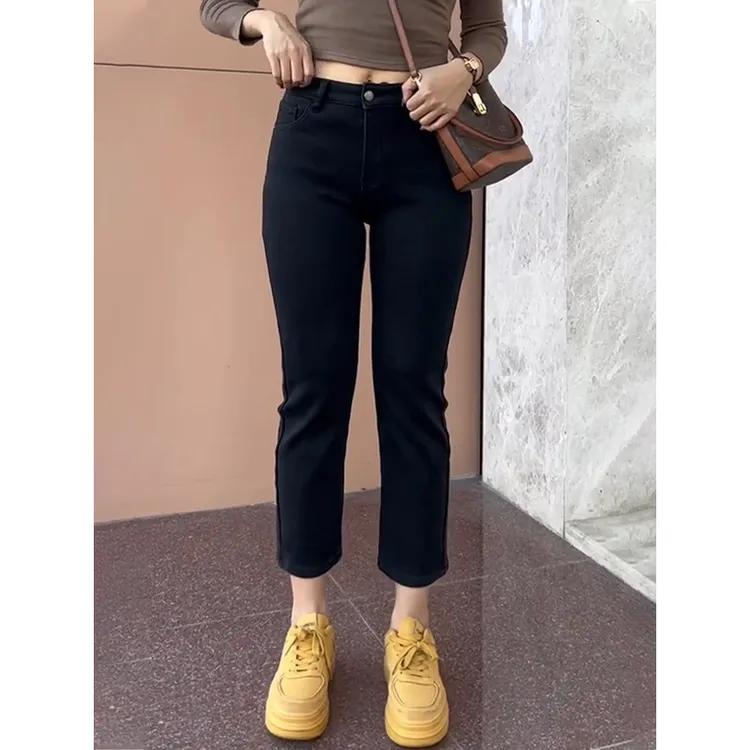 新款弹力小直筒牛仔裤女胖mm大码高腰显瘦小个子黑色八分烟管裤子