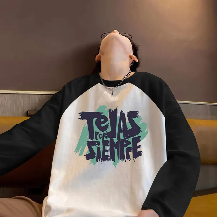 纯棉插肩长袖t恤男春秋季新款美式ins潮牌休闲拼色内搭打底衫卫衣