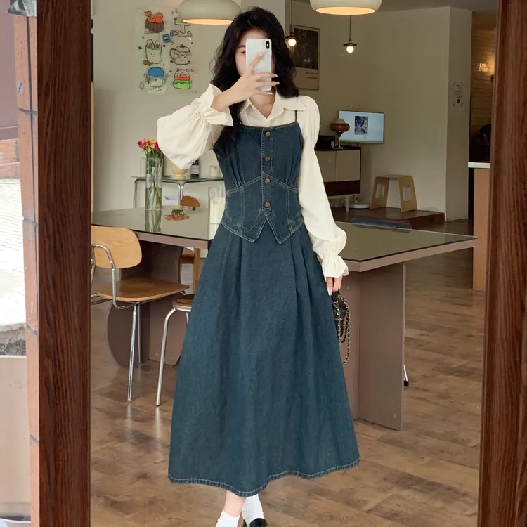 100-200斤大码女装法式小香风衬衫+收腰显瘦牛仔吊带连衣裙套装女