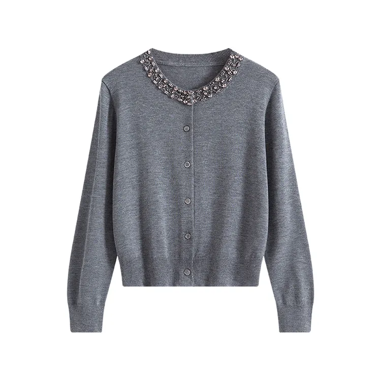 【格】针织桑蚕丝上衣开衫女2024格雷系灰色针织重工镶钻