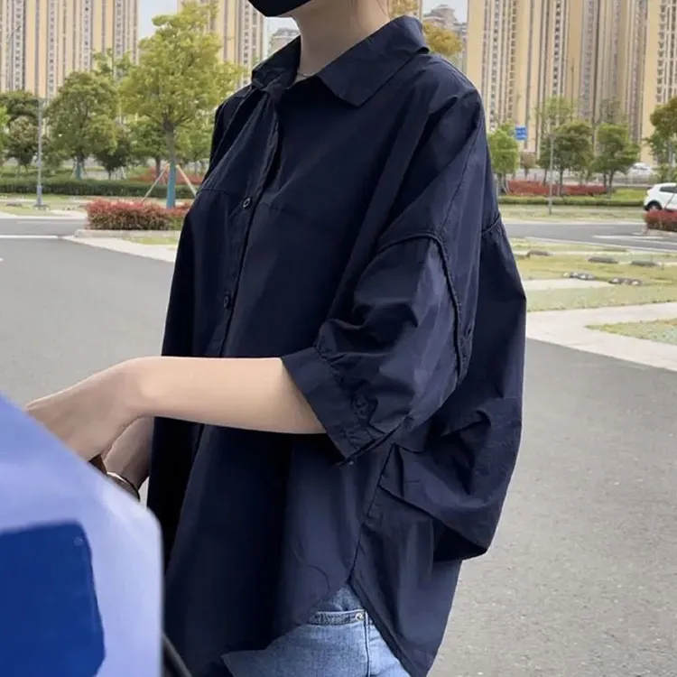 100%纯棉中袖薄款衬衫女夏季新款宽松显瘦百搭棉衬衣休闲小衫