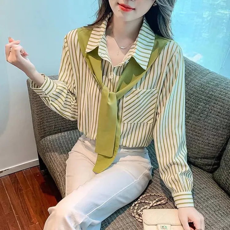 假两件竖条纹衬衫女2025年秋季新款女装宽松翻领别致款长袖上衣潮