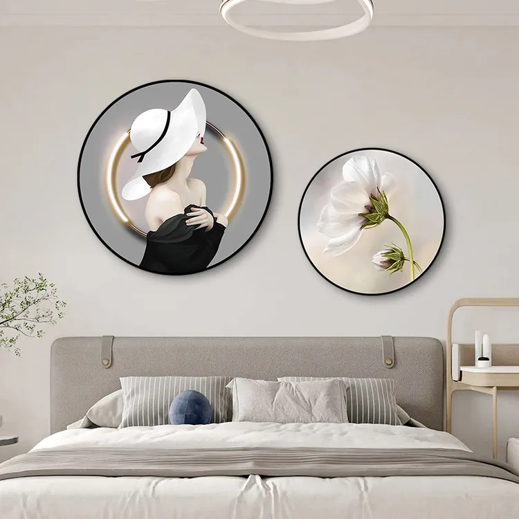 现代简约卧室装饰画轻奢风主卧背景墙挂画2025年新款床头圆形壁画