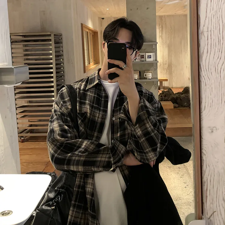 ascloqiao复古休闲宽松痞帅格子衬衫设计感潮流翻领长袖百搭衬衣