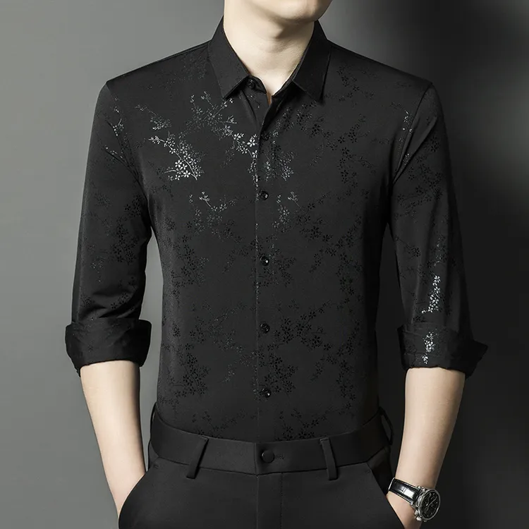 加厚男士保暖商务衬衫男士包金长袖亮面提花帅气保暖男衬衫衬衣