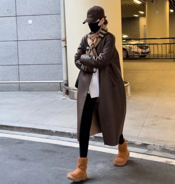 【周雪儿】秋冬保暖中长款皮衣极简风无领加厚嵿奢重工羊毛大衣