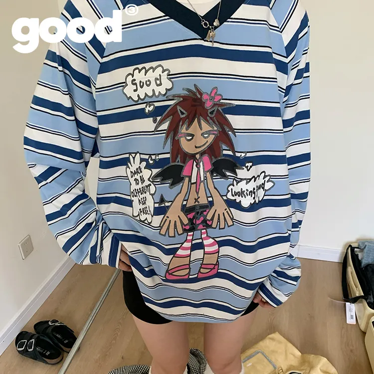 美好商店MeihaoStore亚比人物闪粉印花蓝白条纹V领长袖T恤