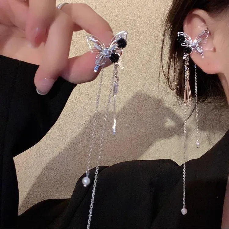 合金树脂耳饰 超仙蝴蝶流苏耳夹无耳洞女气质个性耳骨夹轻奢耳饰 