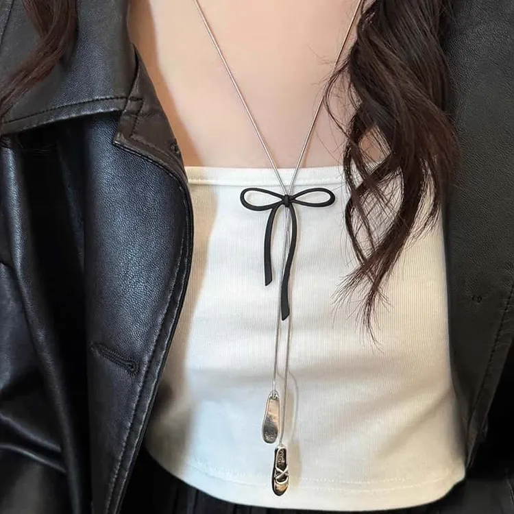 铜合金皮质项链 甜美芭蕾鞋蝴蝶结项链小众设计长款可调节毛衣链 