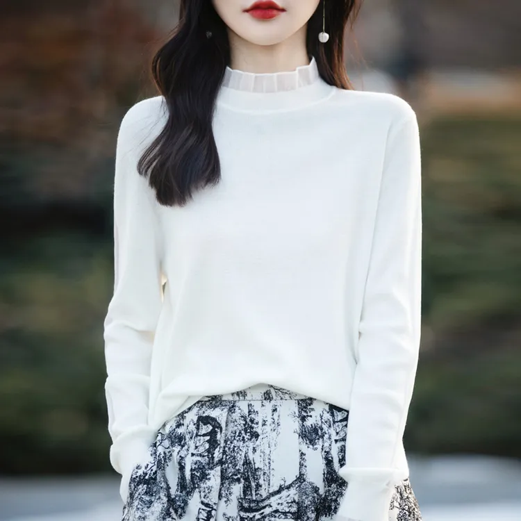 秋冬春秋打底衫木耳领蕾丝袖时尚套头百搭修身针织衫长袖