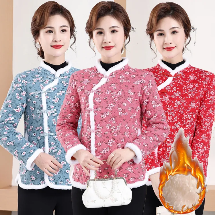 冬季新款加绒加厚花棉袄女复古民族风盘扣棉衣东北碎花袄棉服外套