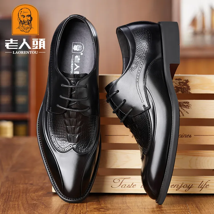 老人头男鞋商务正装皮鞋真皮鳄鱼纹压花德比鞋英伦尖头新郎结婚鞋