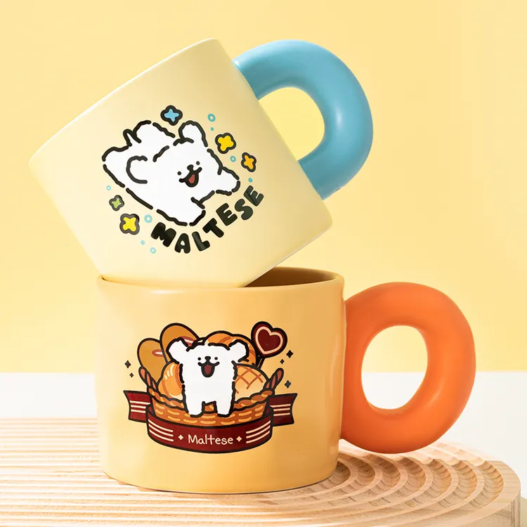 线条小狗Maltese原创粗把手陶瓷杯可爱卡通马克杯情侣生日礼物