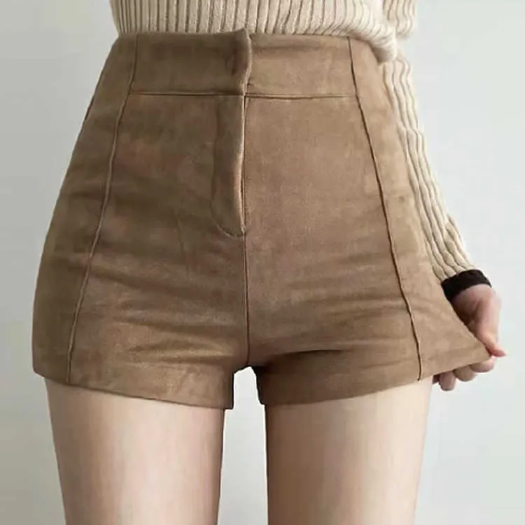 棕色鹿皮绒打底短裤女秋冬外穿2024弹力高腰紧身包臀黑色新款休闲