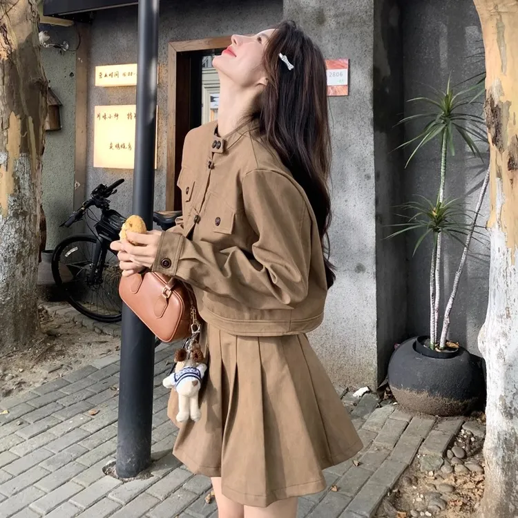 美拉德穿搭夹克上衣百褶短裙两件套2025秋冬新款休闲百搭时尚套装