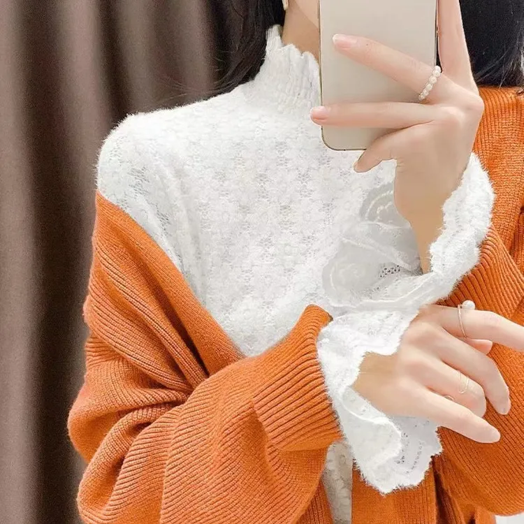 半高领磨毛加绒加厚蕾丝打底衫女秋冬洋气内搭2025新款网纱上衣女