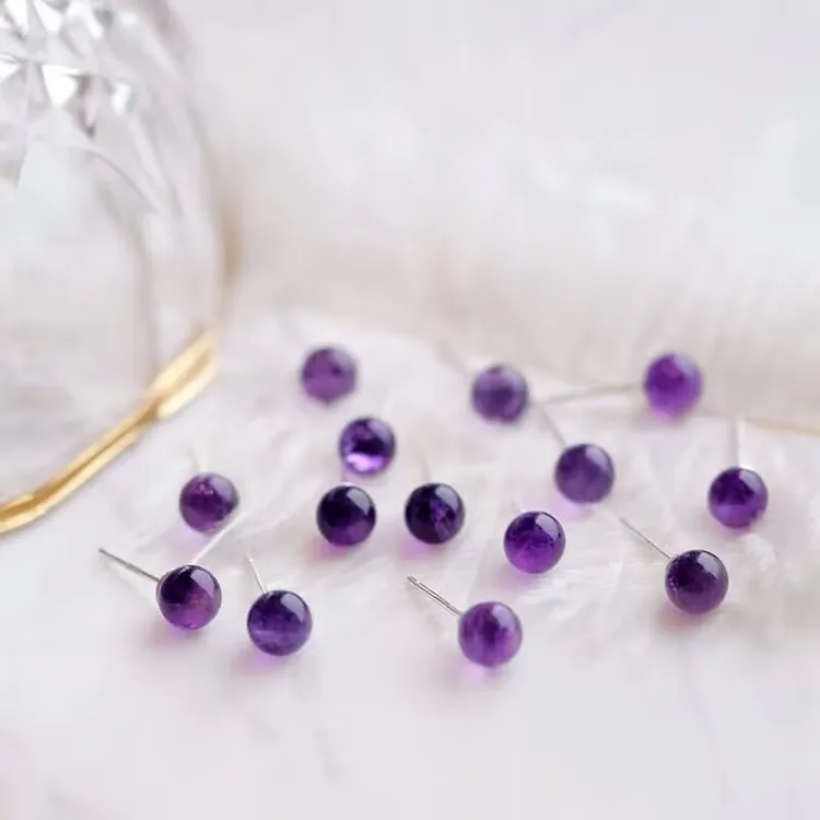 紫水晶圆珠耳钉 925纯银镶嵌清新简约时尚女生款水晶耳钉气质百搭