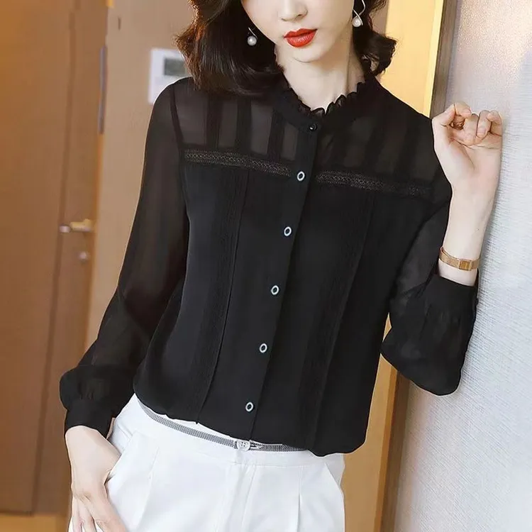 衬衫女蕾丝雪纺长袖2024春秋装打底设计感小个子洋气时尚网纱衬衣