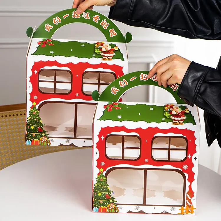 5套2025圣诞节杯子蛋糕装饰包装盒纸杯烘焙手提马芬杯开窗打包盒