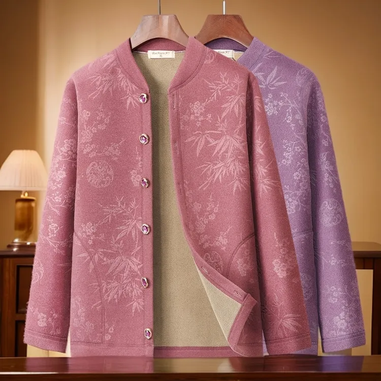 中老年女加绒加厚保暖棉衣长袖外穿双面绒老年人秋冬季妈妈装外套