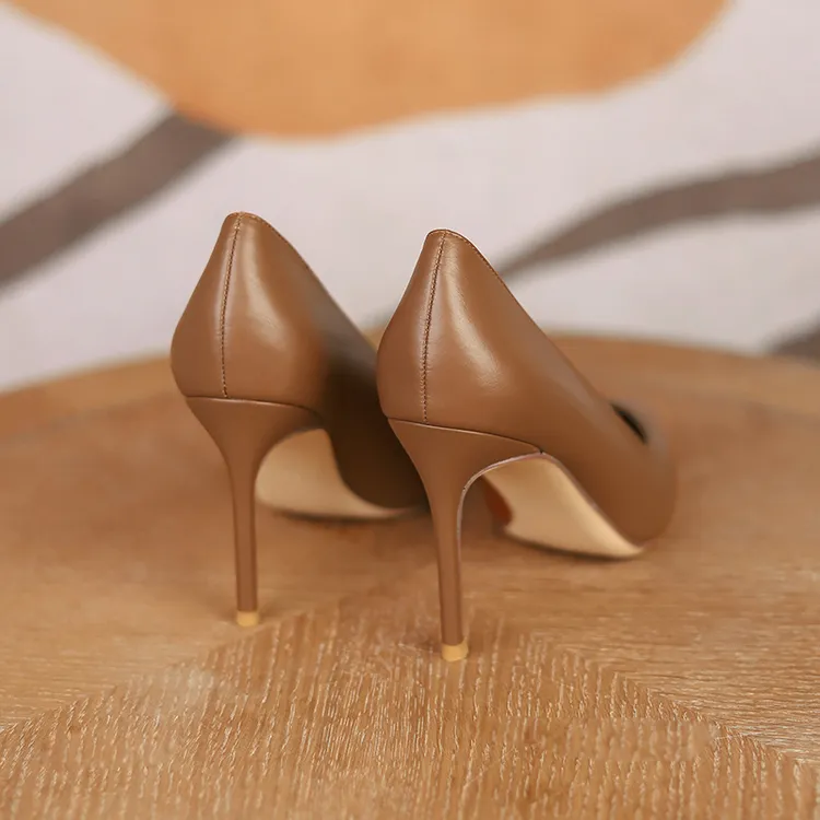 飞燕女鞋2023春夏新款浅口单鞋棕色一脚蹬简约细跟网红同款高跟鞋