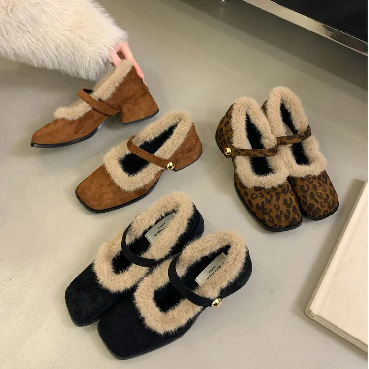 MRL-618-12法式气质粗跟单鞋女加绒2025年秋冬毛毛鞋复古玛丽珍鞋