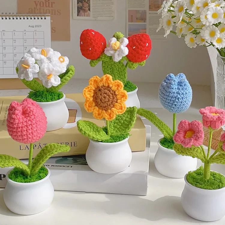 【成品】向日葵毛线编织花小盆栽仿真花假花桌面摆件中秋女生日礼物