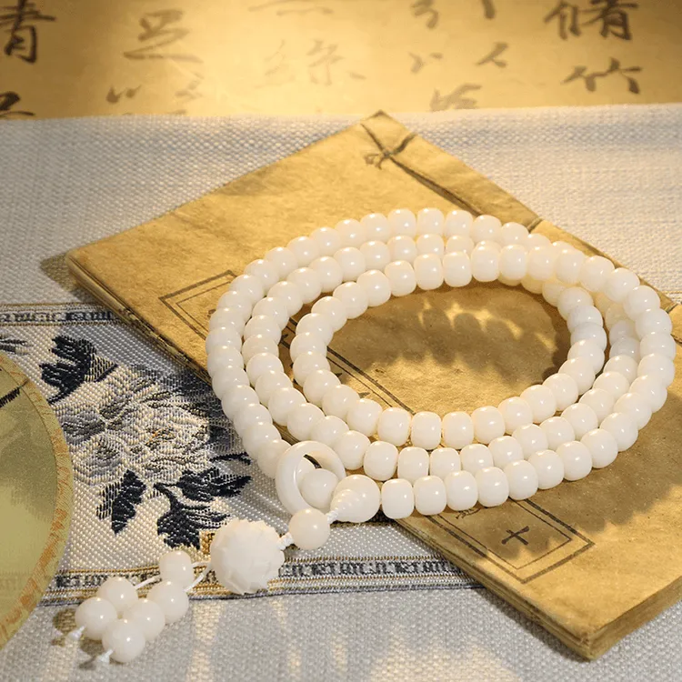 原生白108颗菩提手串8*10mm白菩提根雕刻莲花吊坠跑环手作款