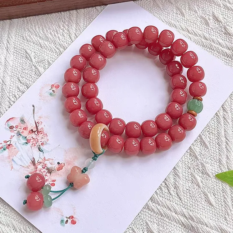 霞光玫瑰粉菩提双圈手串小蝴蝶吊坠菩提根手持念珠文玩高密菩提子